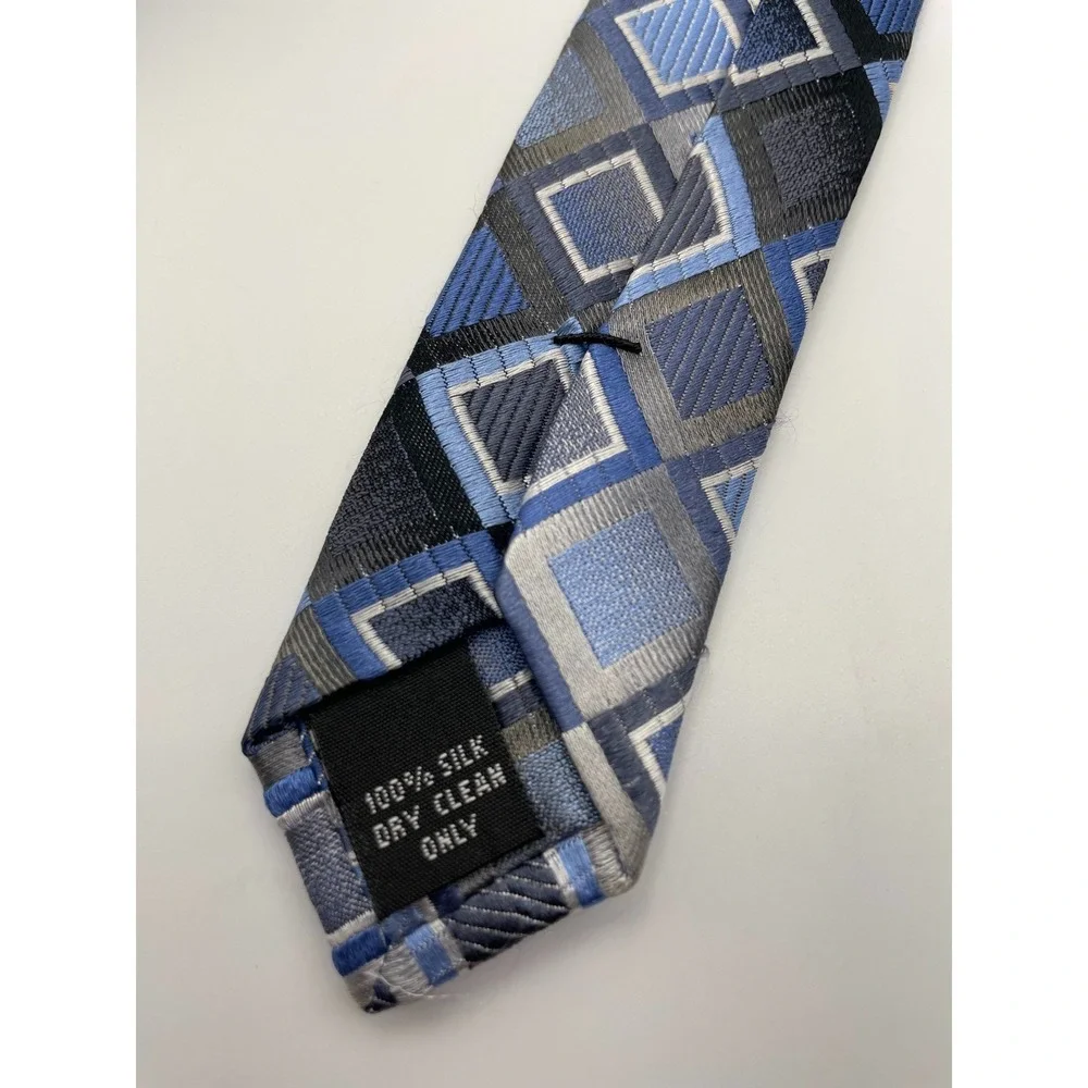 Pronto Uomo Mens Silk Tie Blue Silver Grey Geometric Square Pattern Necktie